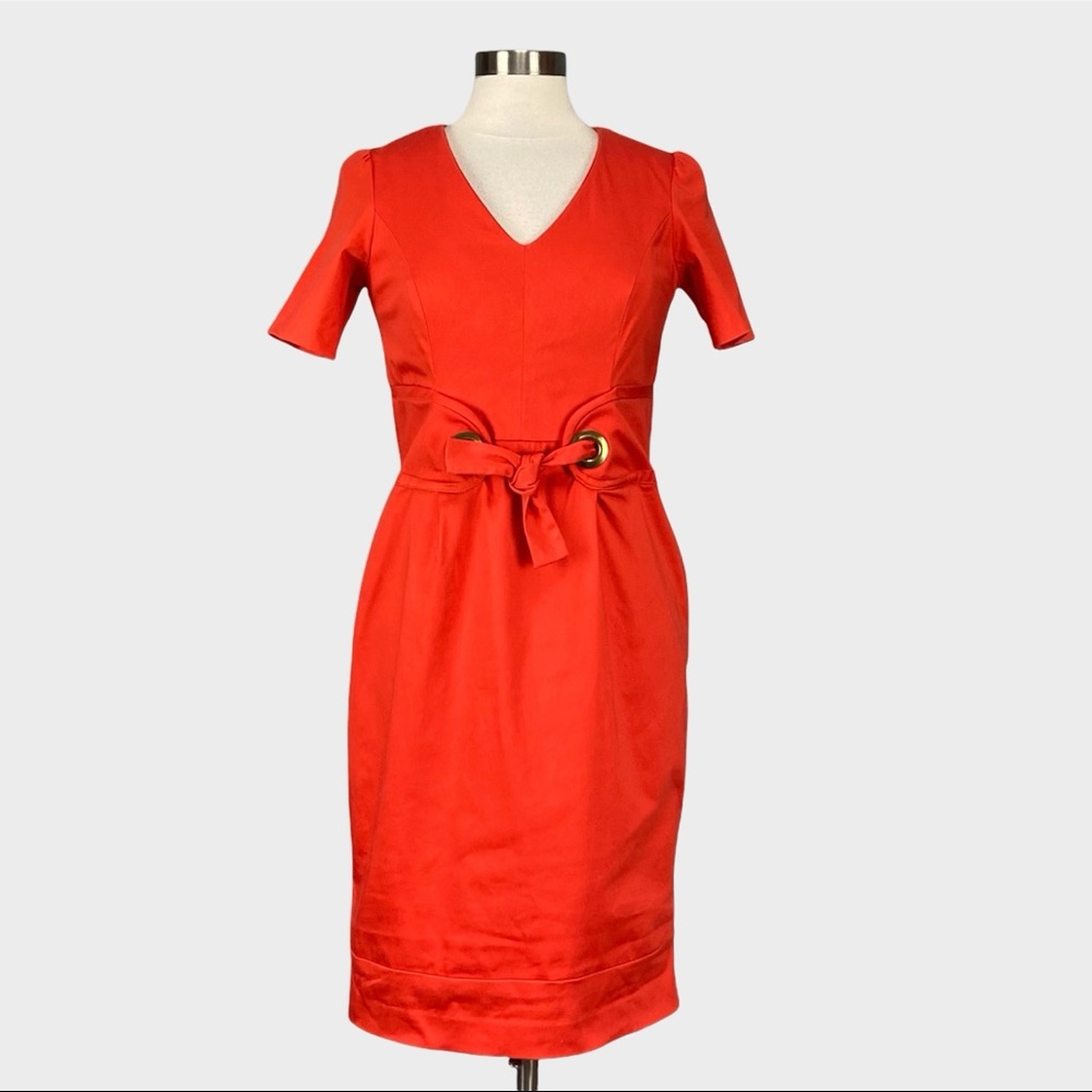Bigio Womens Orange Sheath Dress Short Sleeve V Neck Tie Waist Cotton size 6